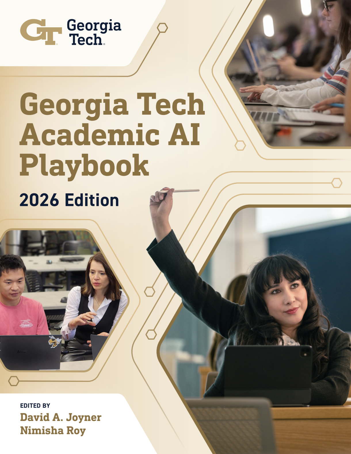 The cover of the Georgia Tech Academic AI Playbook is pictured. It has the Georgia Tech logo, alongside three photos of students in class working on computers.
