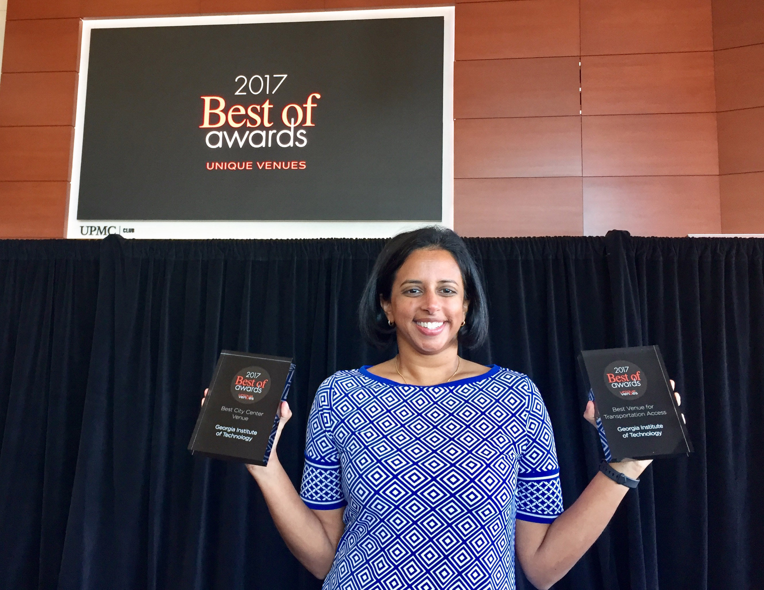 Best Of Awards received at Unique Venues Annual Members Conference 2017 with Sravanthi Meka, Marketing Manager for Housing &amp; Conference Services at Georgia Tech.